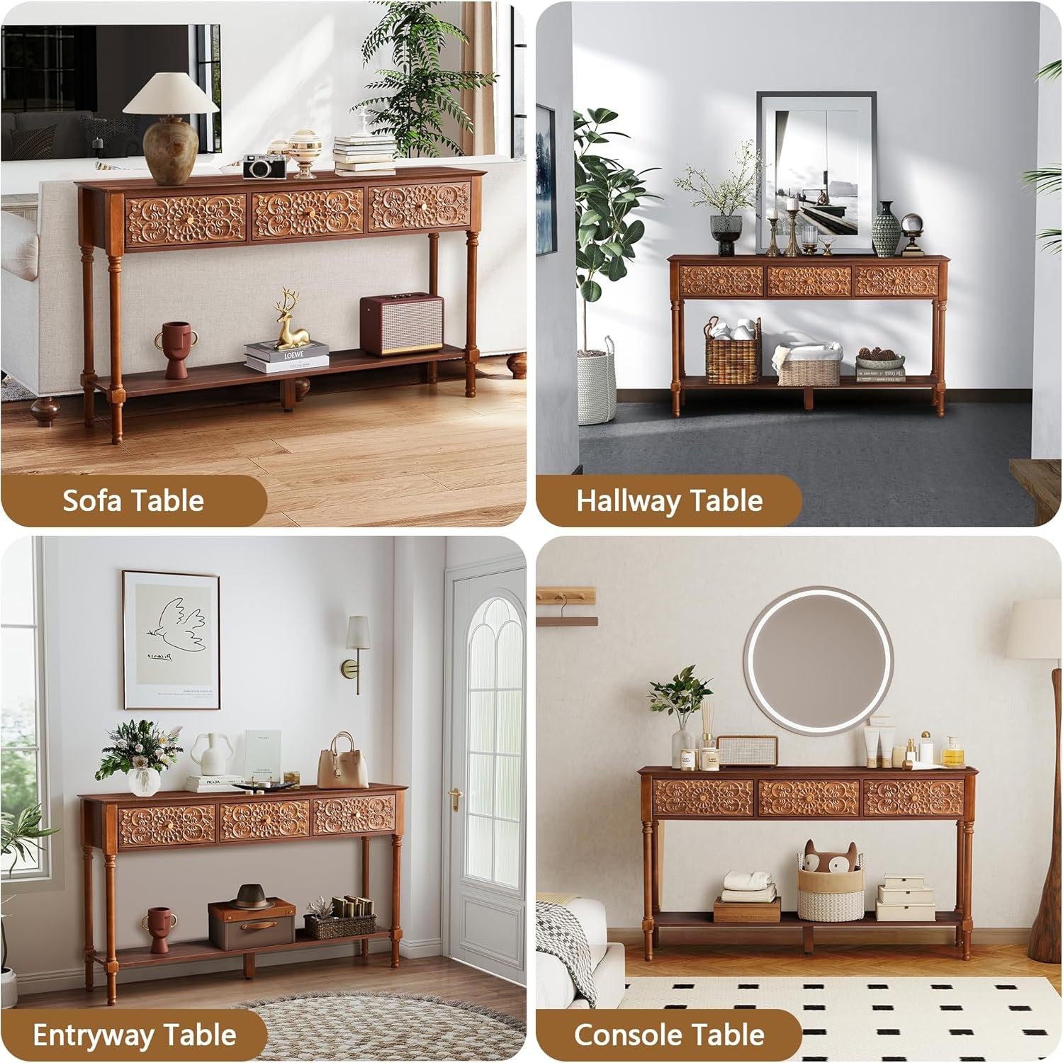55.5″ Carved Console Table with 3 Drawers, 2-Tier Sofa Table with Glossy Floral