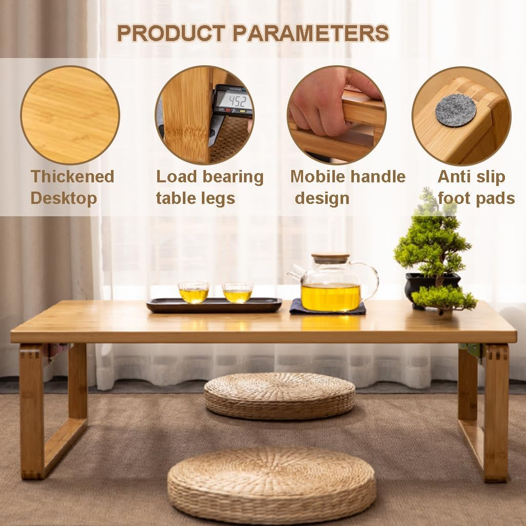 Portable Rectangle Foldable Coffee Table – Japanese Low Bamboo Table for Sitting