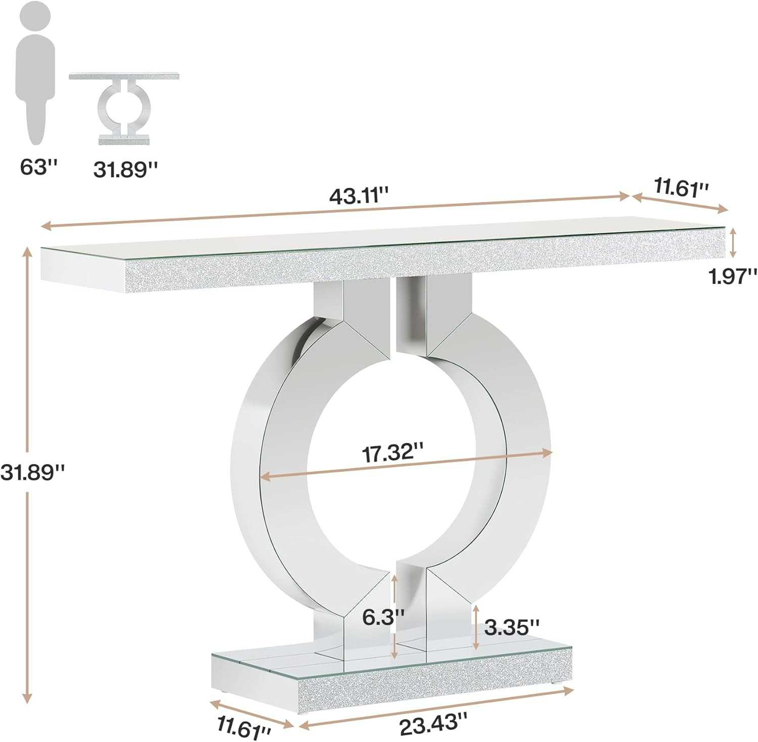 Modern Mirrored Console Table with O-Shaped Base for Living Room Entryway