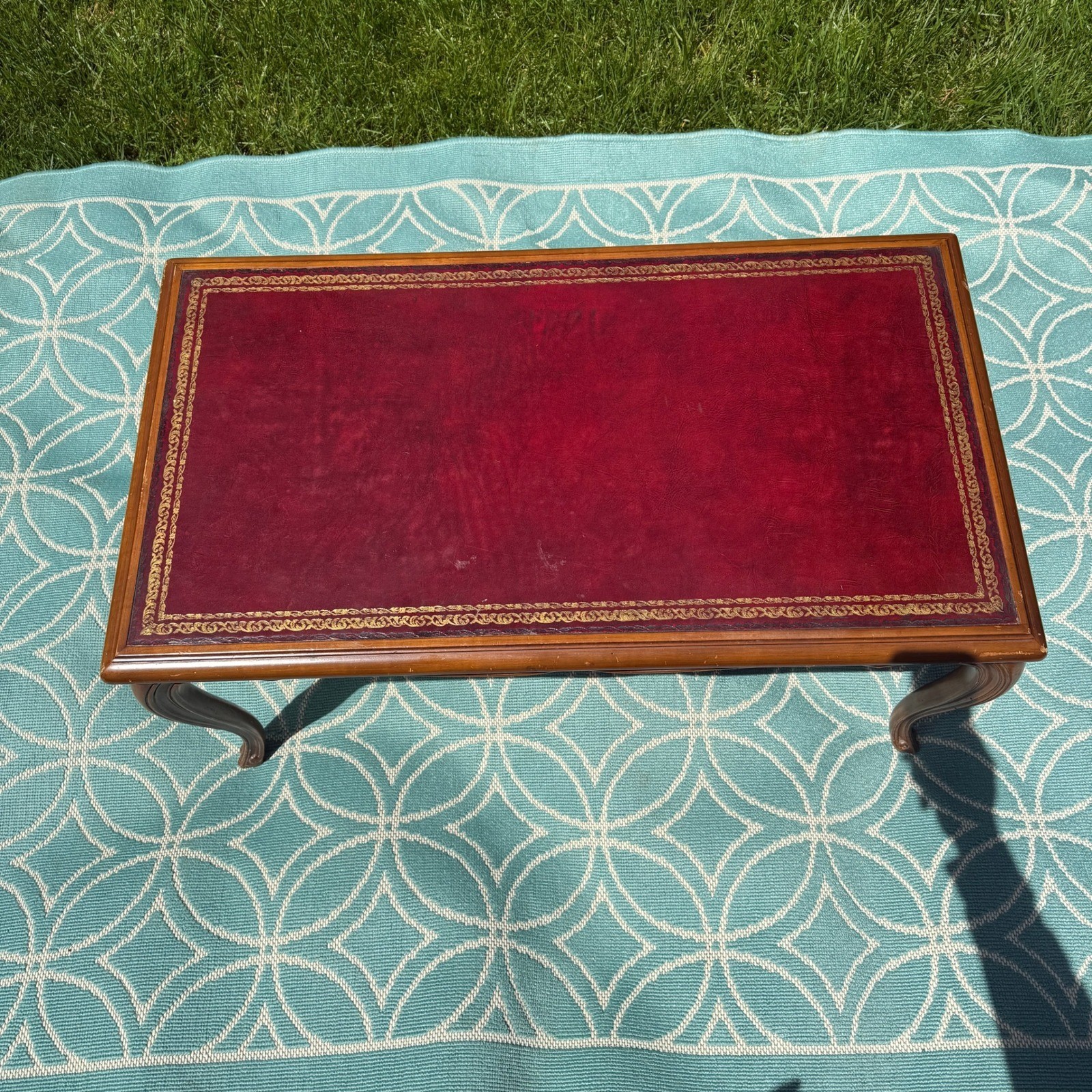 Vintage French Provincial Coffee Table Red Leather Gold Embossed Inset Wood