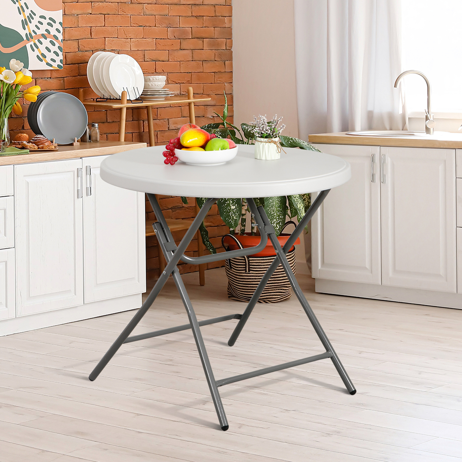 White Round Folding Table Plastic HDPE Table Sturdy Frame Indoor Outdoor Use 32″