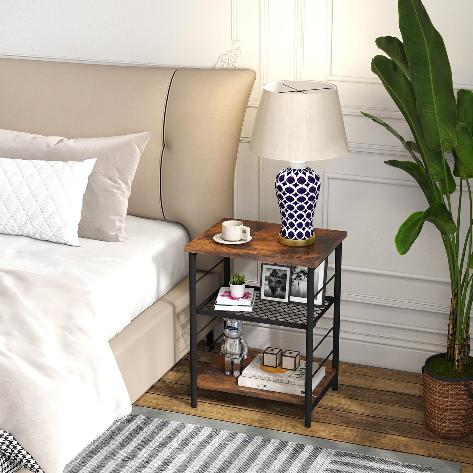 3-Tier Side Table Industrial End Table w/ Adjustable Height Metal Mesh Shelf