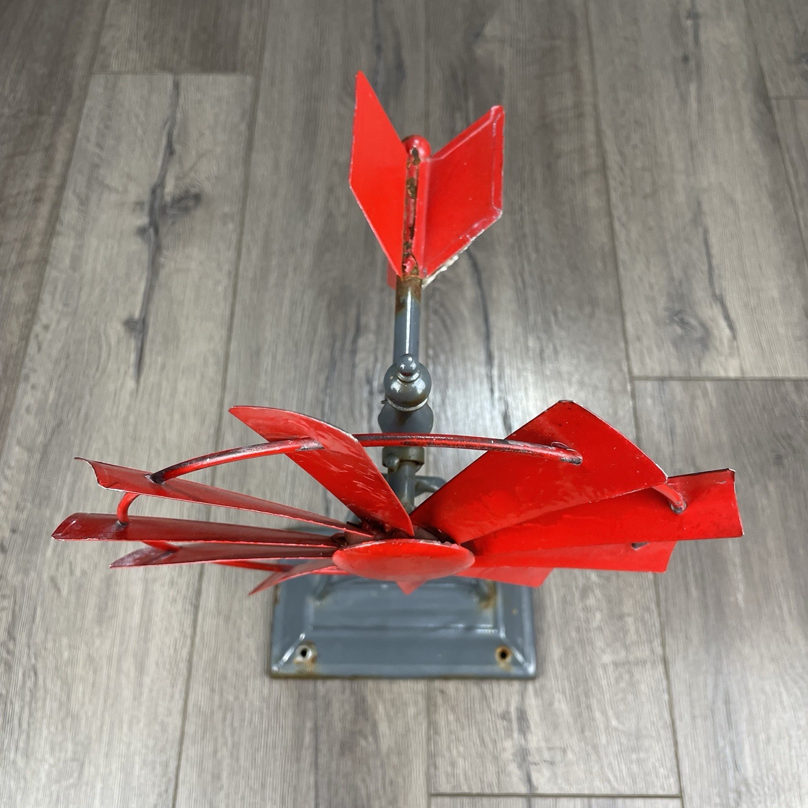 Vintage Small Metal Red Table Top Windmill Tower 8.5” Blade About 16” Tall