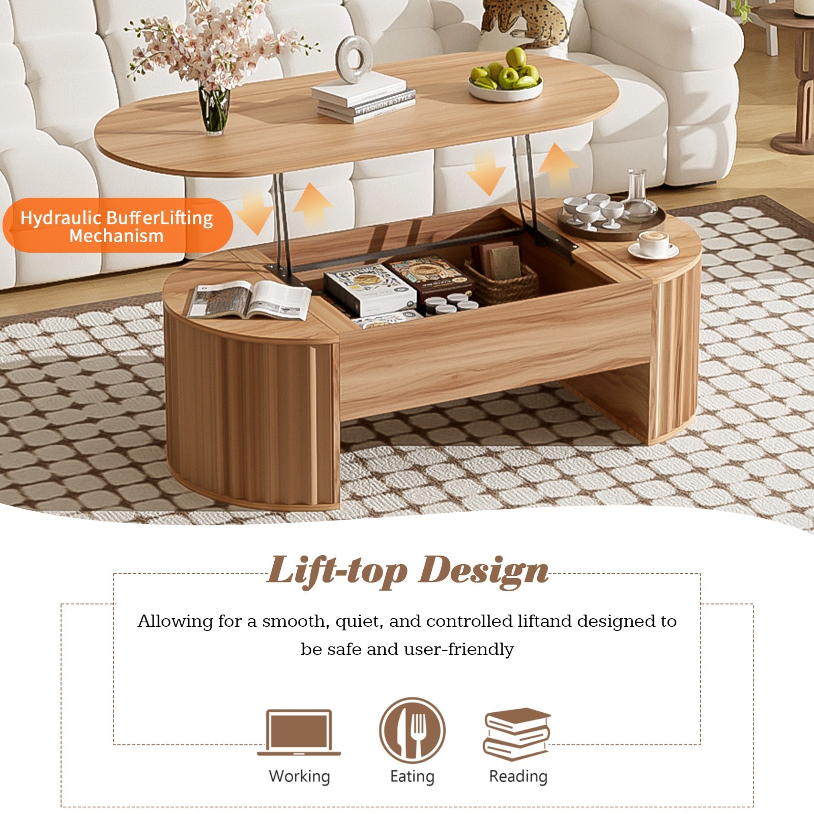 Modern Oval Lift-Top Coffee Table Center Table w/ Hidden Storage For Living Room
