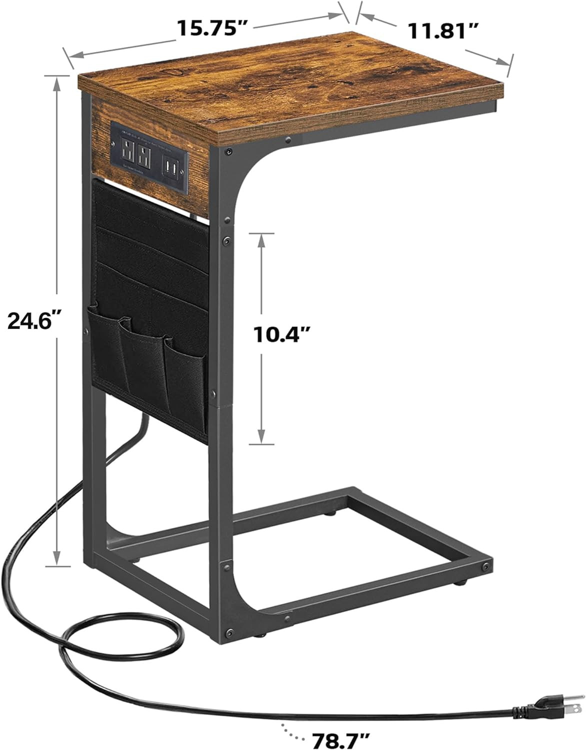 Brown C-Shaped End Table with Charging Station, 2 USB Ports and Storage for Home