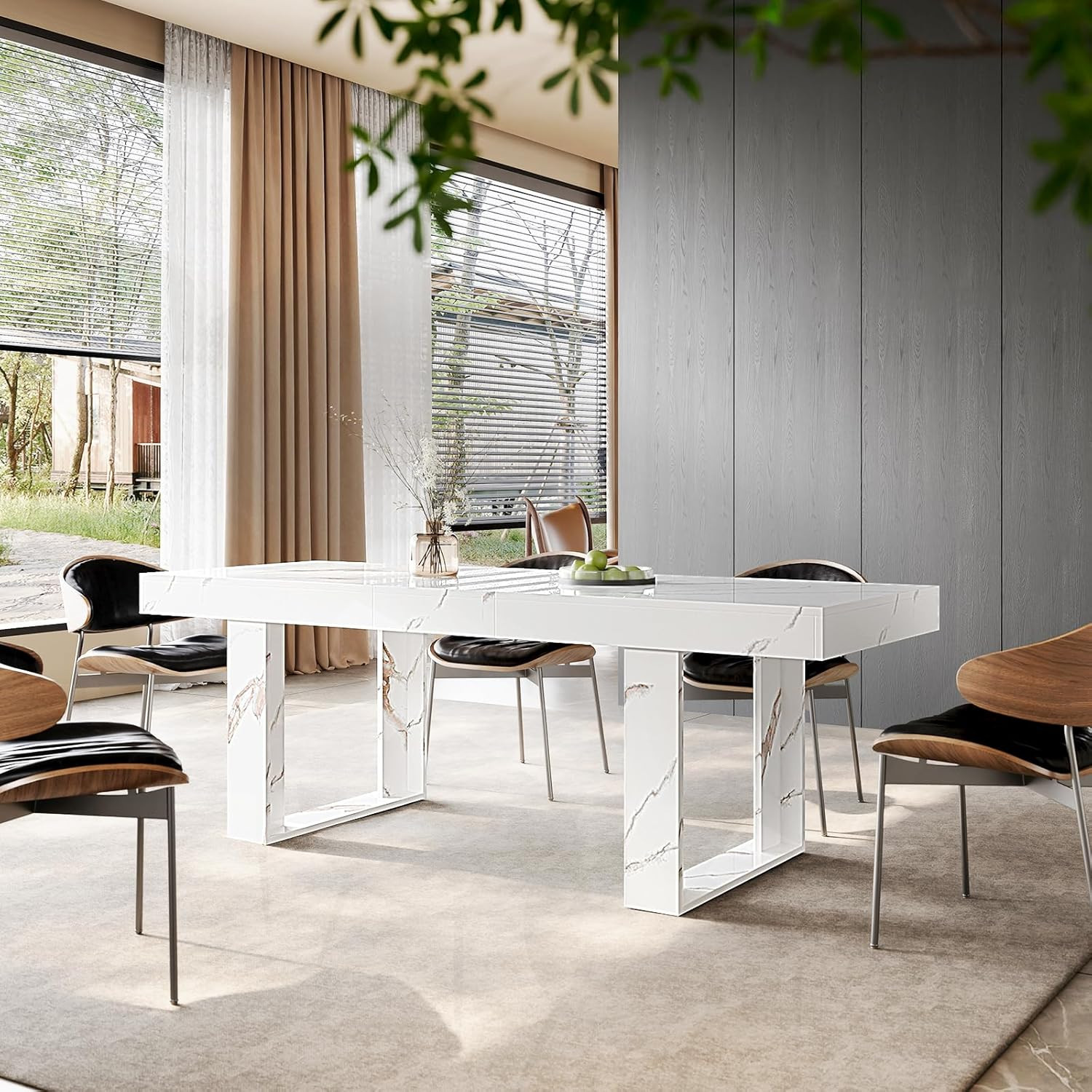 STHOUYN White Marble Extendable Dining Room Table for 8 10, 70.9″ (86.6″) X 31.5