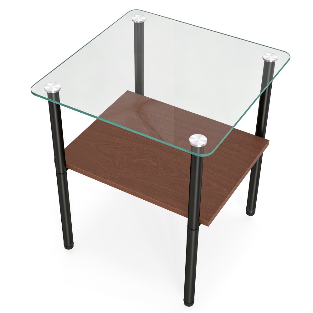 Modern 2-Piece Glass Side Table, Tempered Top with Storage Shelf, Metal Legs