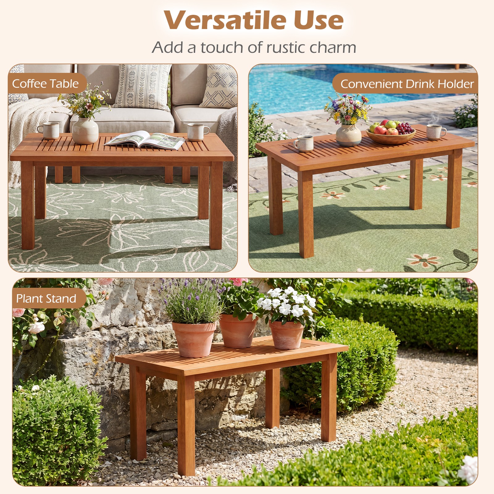 35.5 Inch Outdoor Coffee Table w/Slatted Top, Teak Oil Finish for Deck, Garden