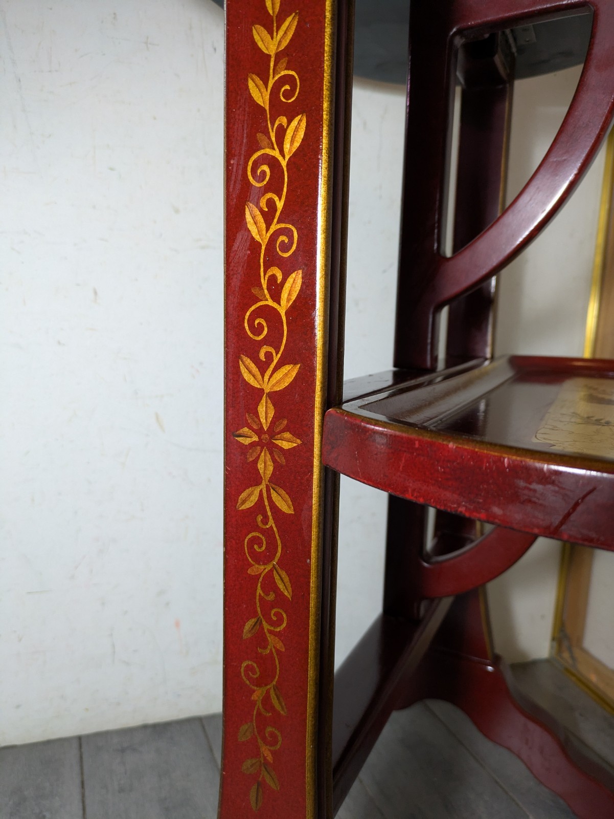 Vintage Asian Chinoiserie Folding Butler Tray Table Hand Painted Birds Red/Gold