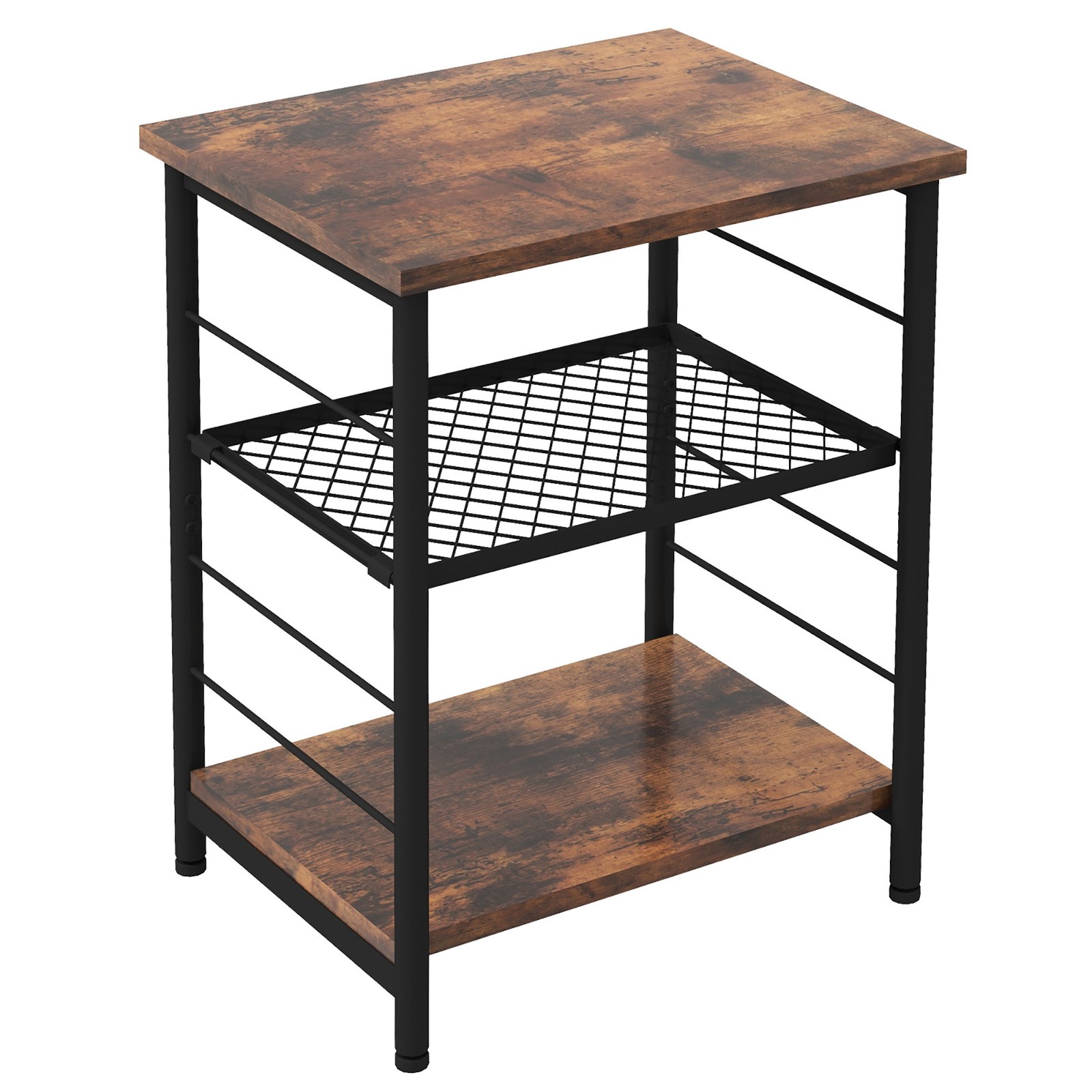 3-Tier Side Table Industrial End Table w/ Adjustable Height Metal Mesh Shelf