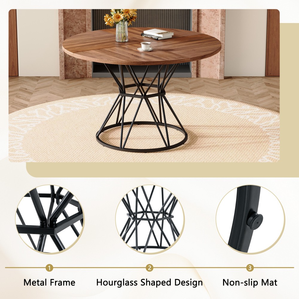 47.3″ Circular Dining Table, Walnut MDF Top, Black Hourglass Metal Base, for 4-6