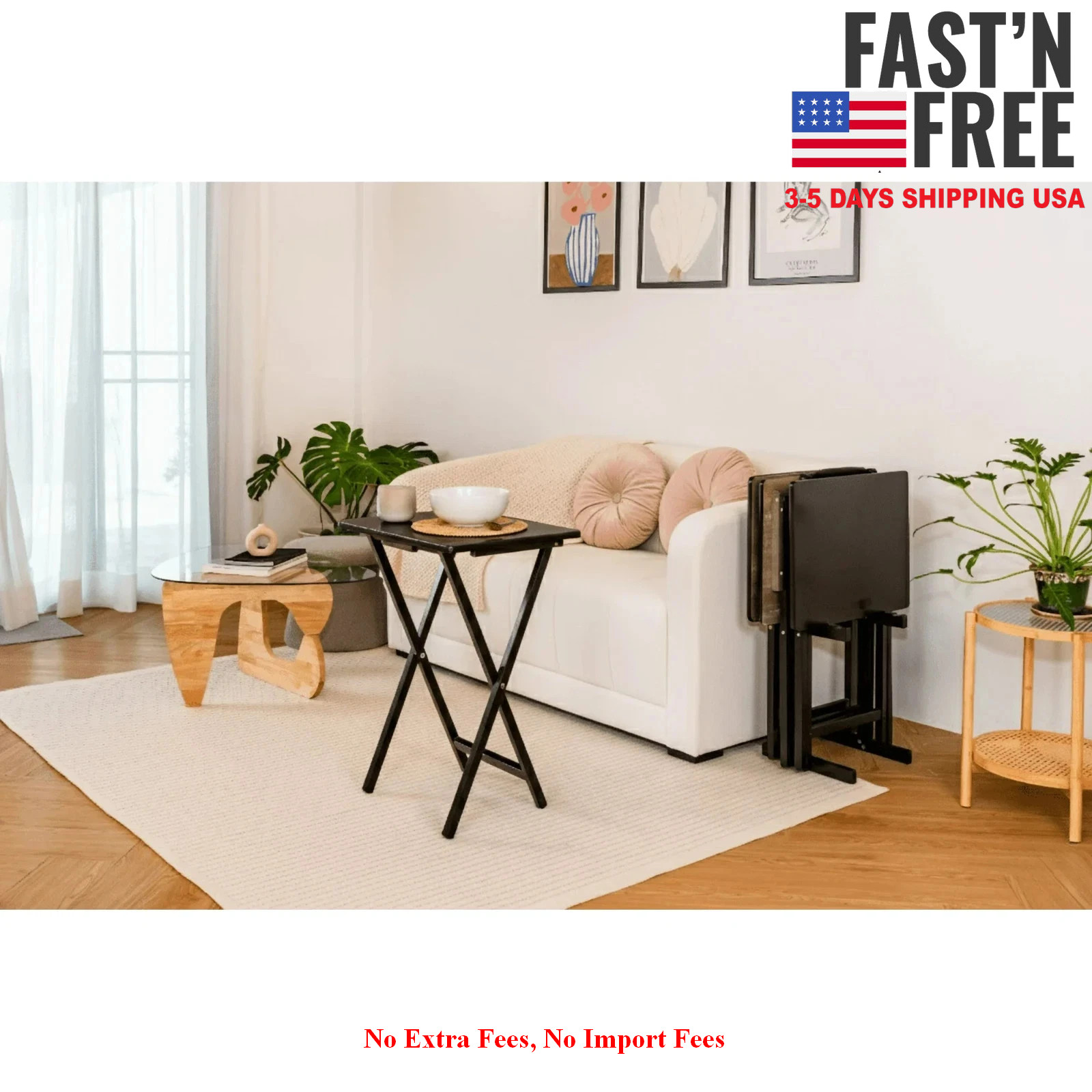 Mainstays 4-Piece Black Rubberwood Indoor Folding TV Tray Table Set with Storage
