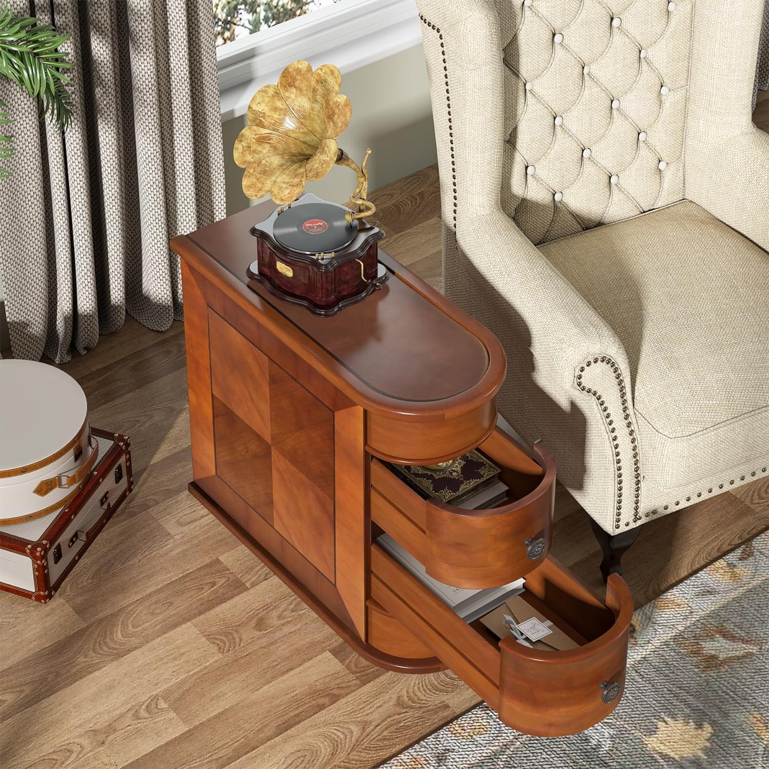 Narrow Bed Side Table with 2 Drawers,Solid Wood End Table, No Assembly Required
