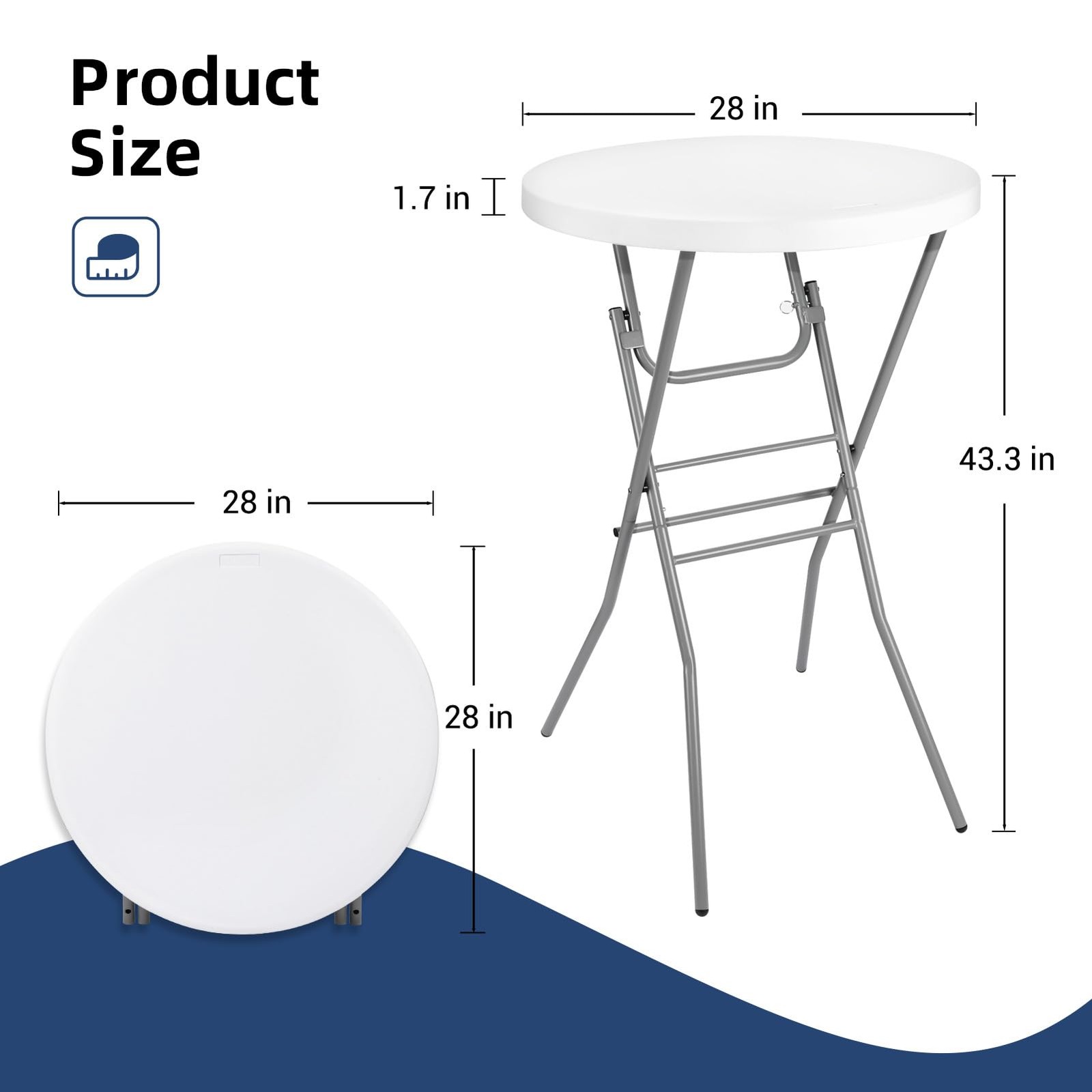 28in Cocktail Table White High Top Folding, Round Portable Bar Height Folding…