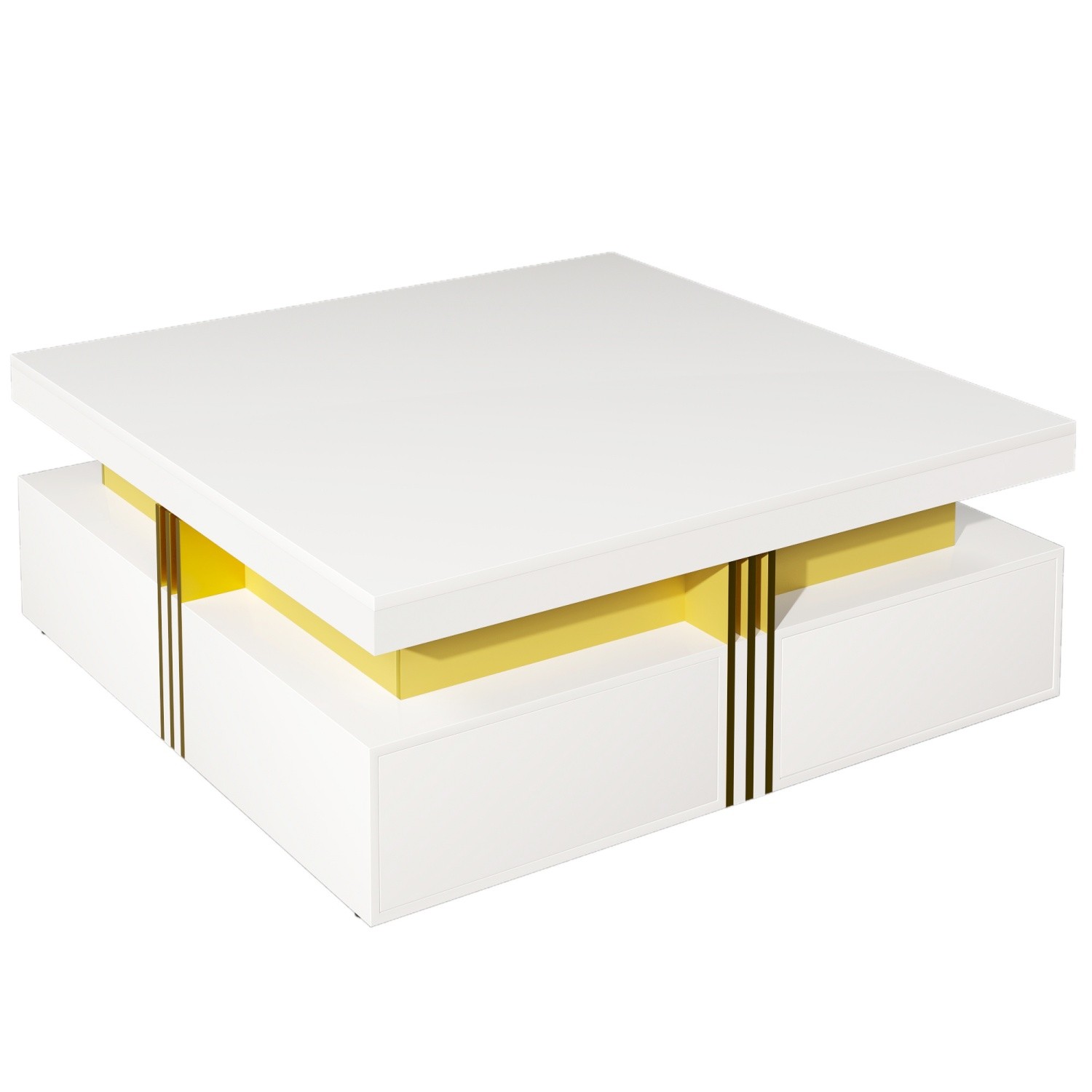 Modern Glossy Square Coffee Table End Table w/ 4 Storage Drawers for Living Room