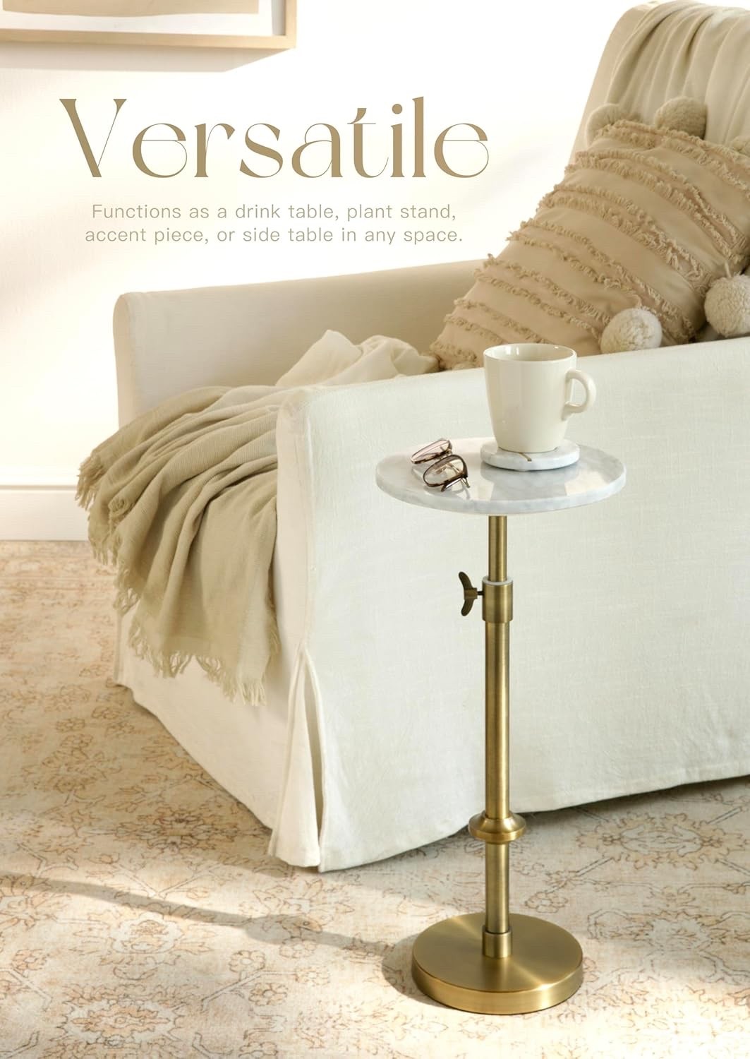 Adjustable-Height Marble Drink Table -10x10x22-30, White Marble & Antique Brass
