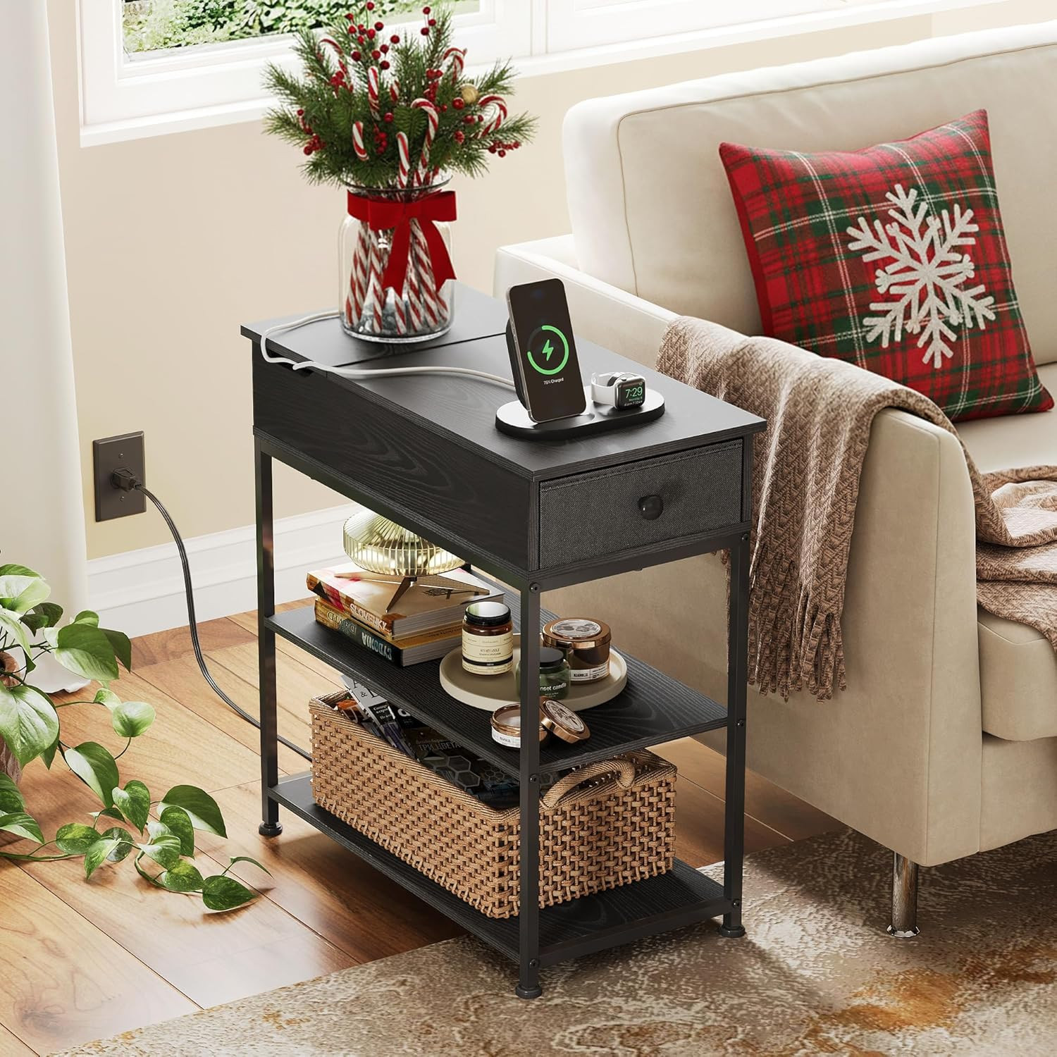 Compact Black Side Table with USB Ports, Outlets, Drawer & Storage Shelves