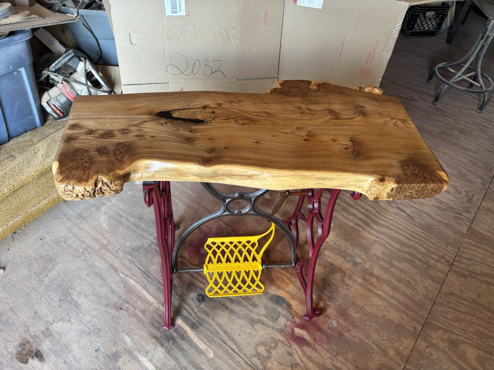Handcrafted Live Edge Wood End Table Red Elm Burl Cast Iron Antique Style
