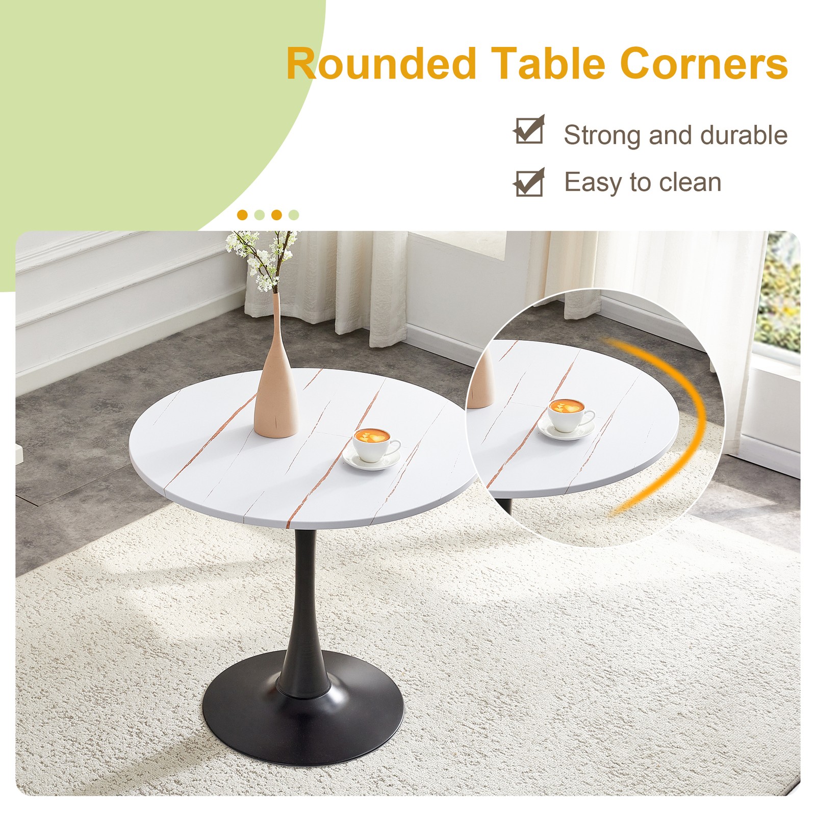 31.5″ Round Tulip Dining Table White MDF Top Metal Pedestal Base