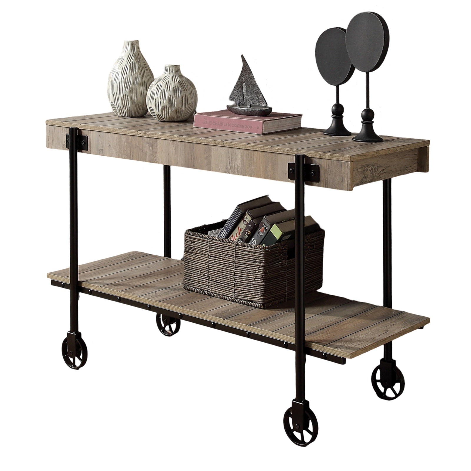 Industrial-style sofa table, natural color, with adjustable slat design