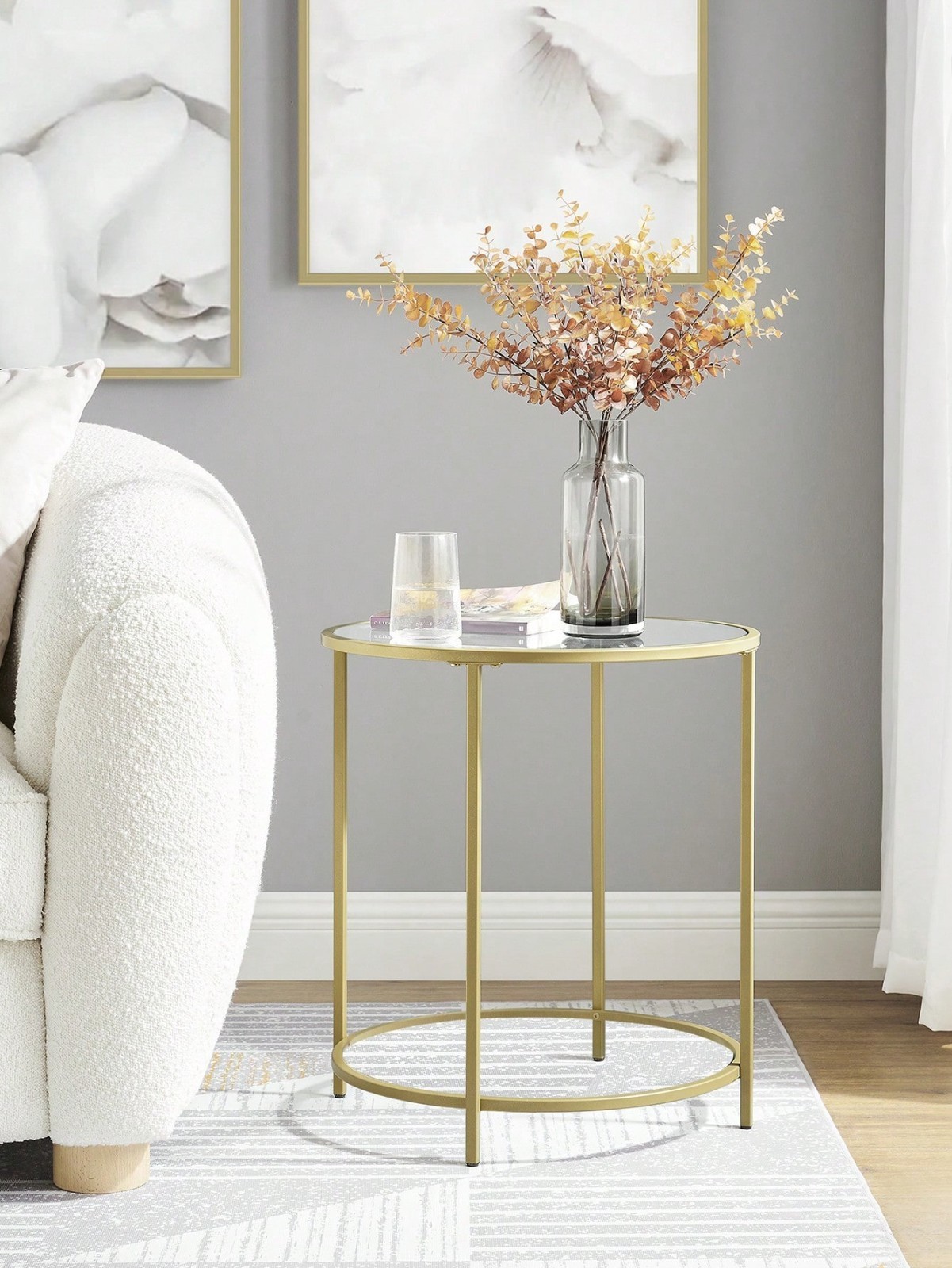 VASAGLE Round Glass Side Table Gold Metal Frame For Living Room Bedroom