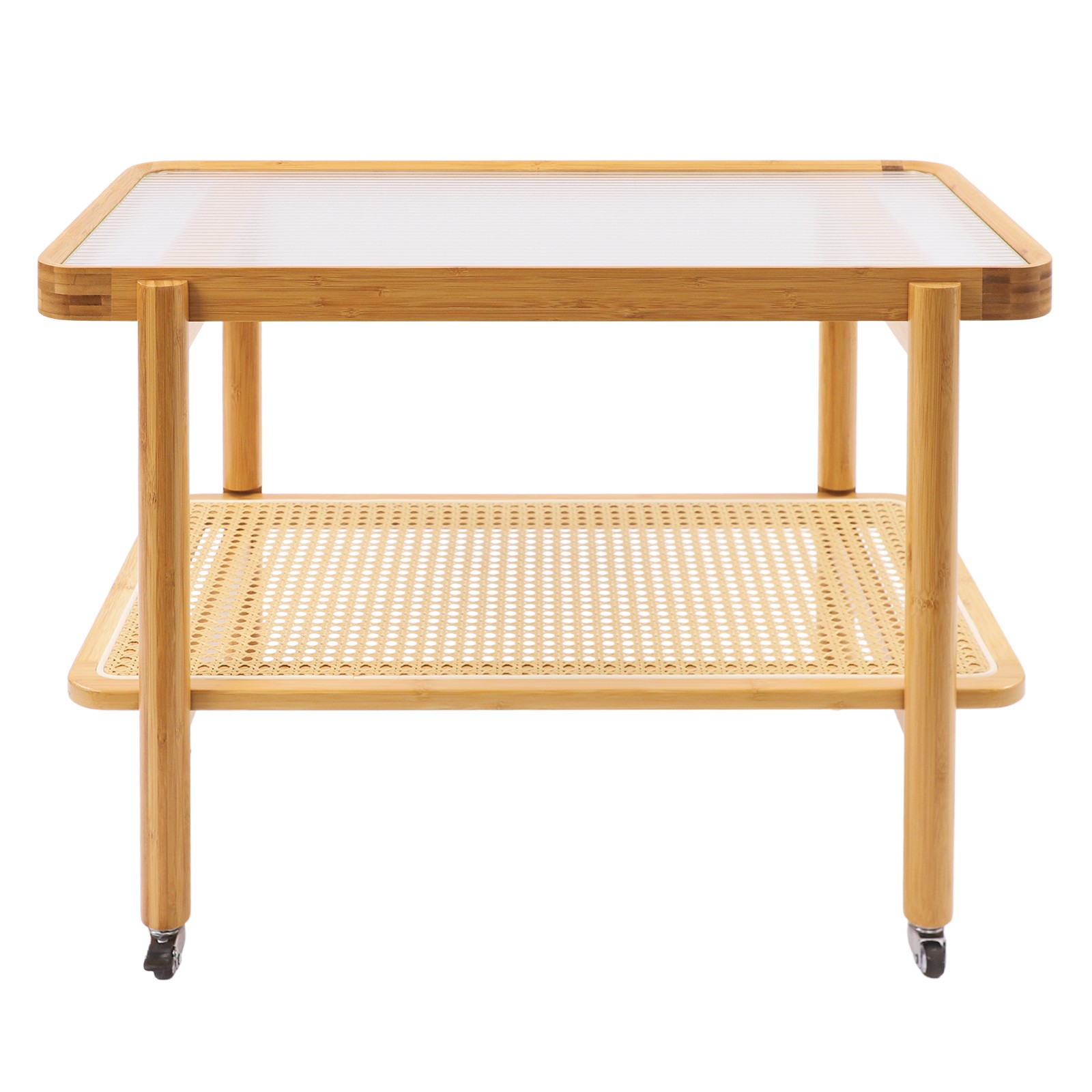 Side Table Nature Rattan Glass End Table 2-Tier with Storage Bamboo Table