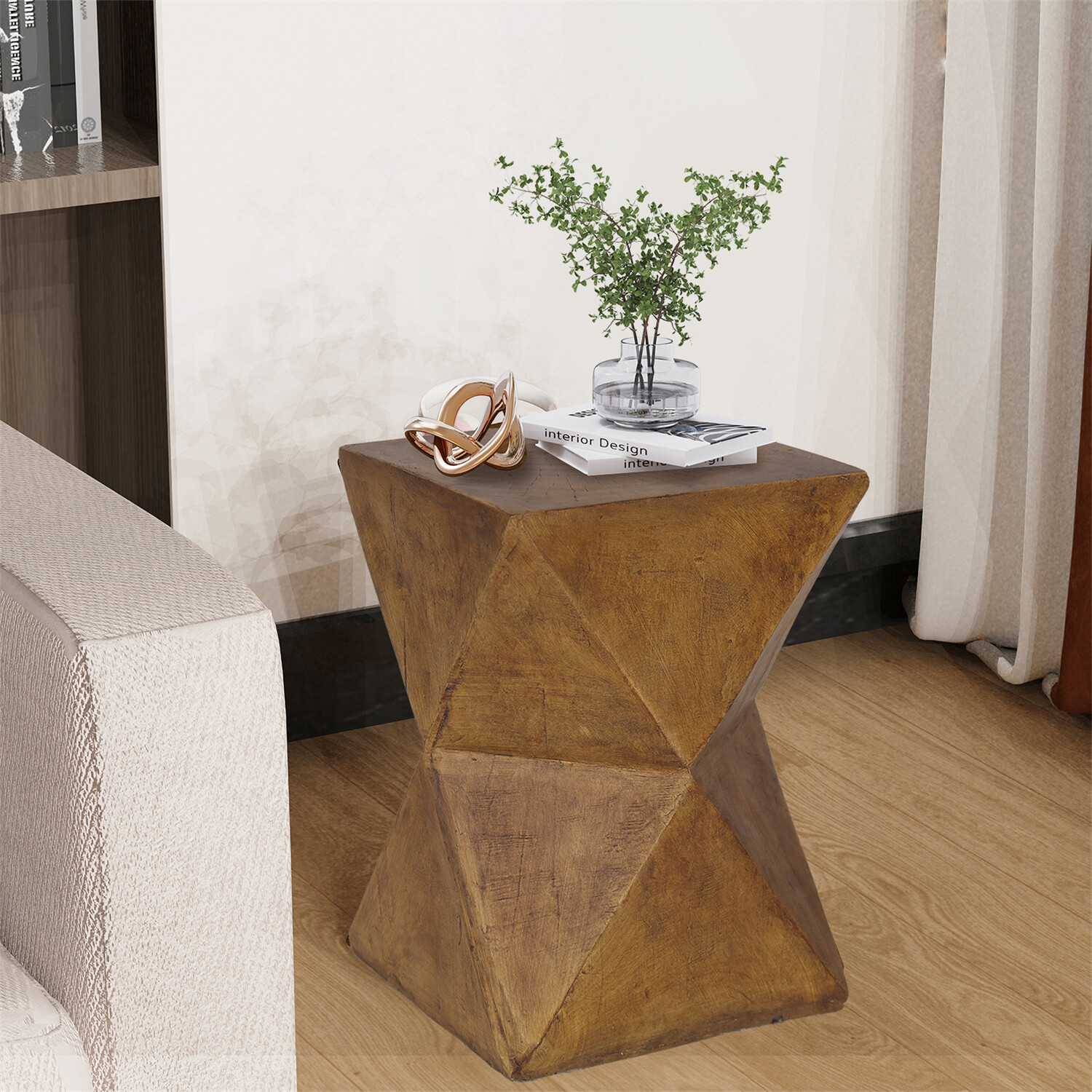 18” Tall Unique Concrete Side Table Decor Outdoor Handmade End Table Geometric