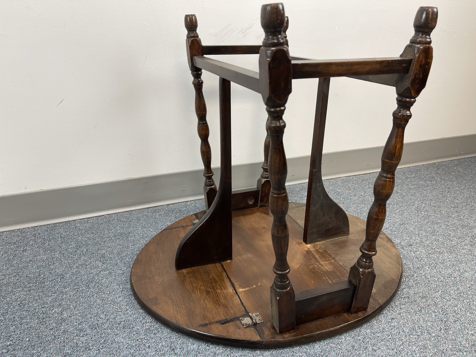 vintage Wood Square to Round Table with Fold Down Wings & Spool Legs – 21.25″ hi
