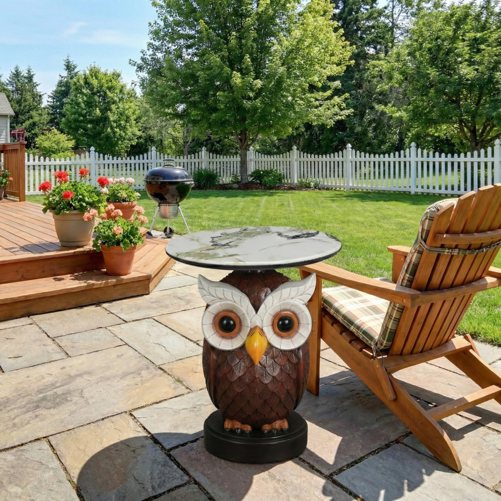 Owl Accent Table Art Deco Animal Statue End Table Resin Brown Antique White