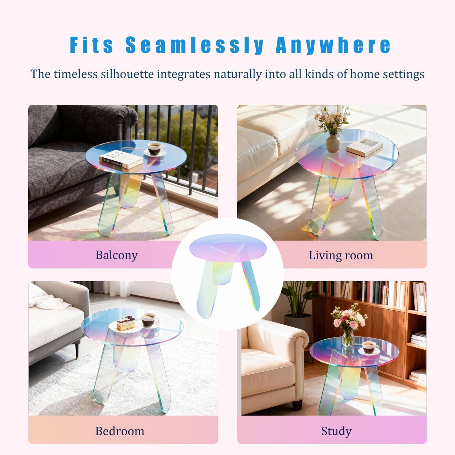 Round Iridescent Side Table Acrylic End Table w/ PVC Table Cover for Living Room