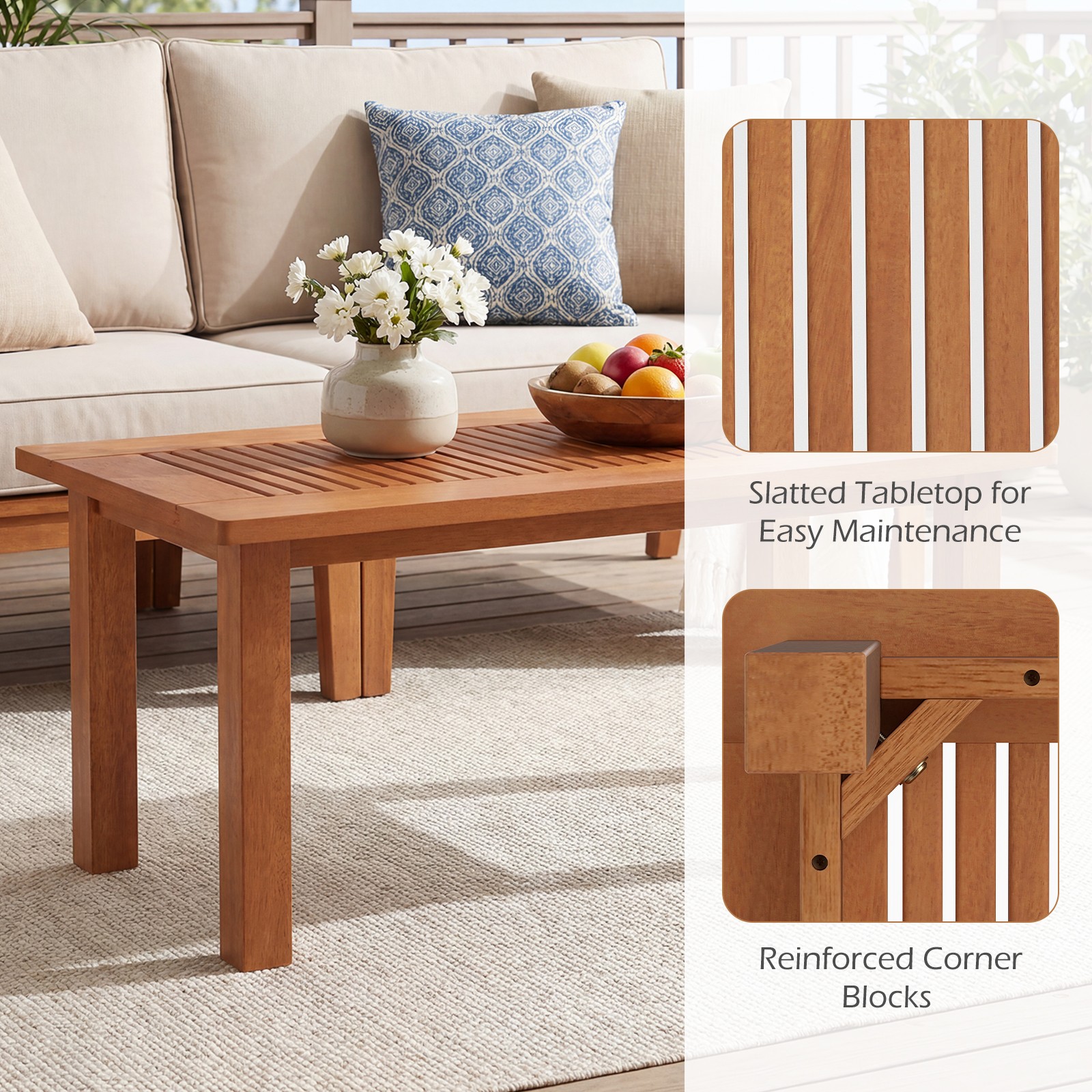 35.5 Inch Outdoor Coffee Table w/Slatted Top, Teak Oil Finish for Deck, Garden