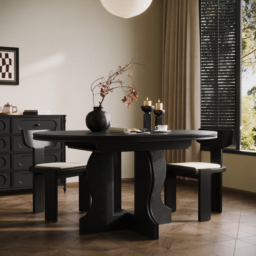 Farmhouse Expandable Round Oval Dining Table Glossy MDF Top Heavy Duty Wood Base