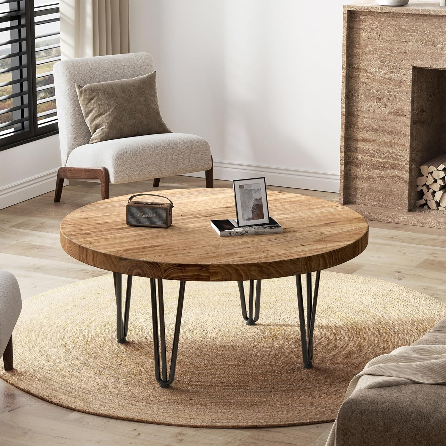 Rustic Round Coffee Table with Metal Legs – Solid Elm Wood, Farmhouse Style
