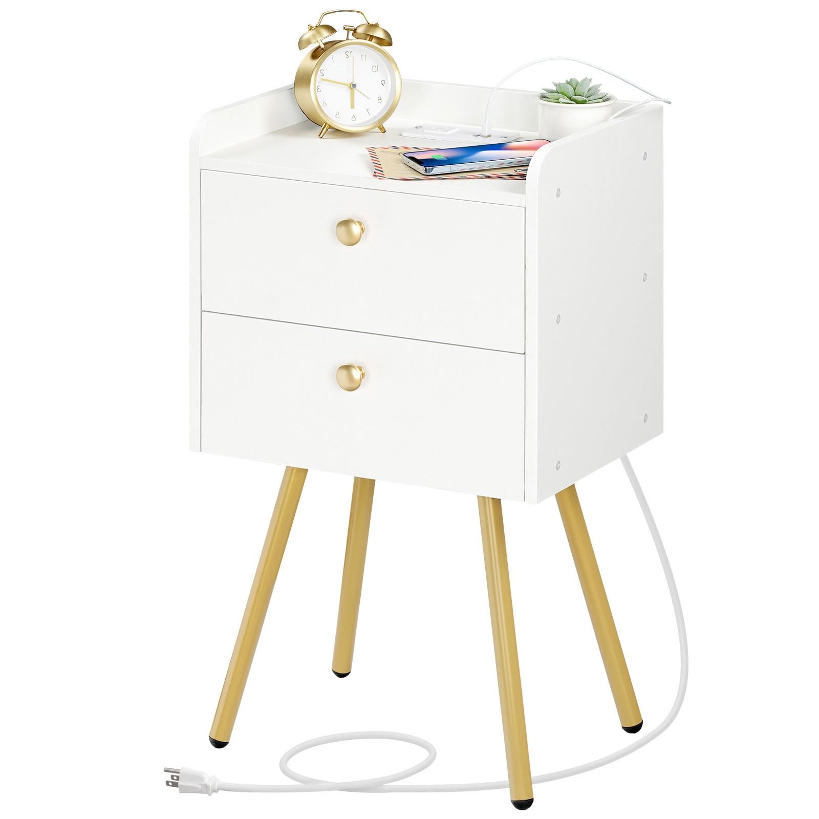 White Nightstand with Charging Station, Modern End Table with 2 Drawers, Styl…