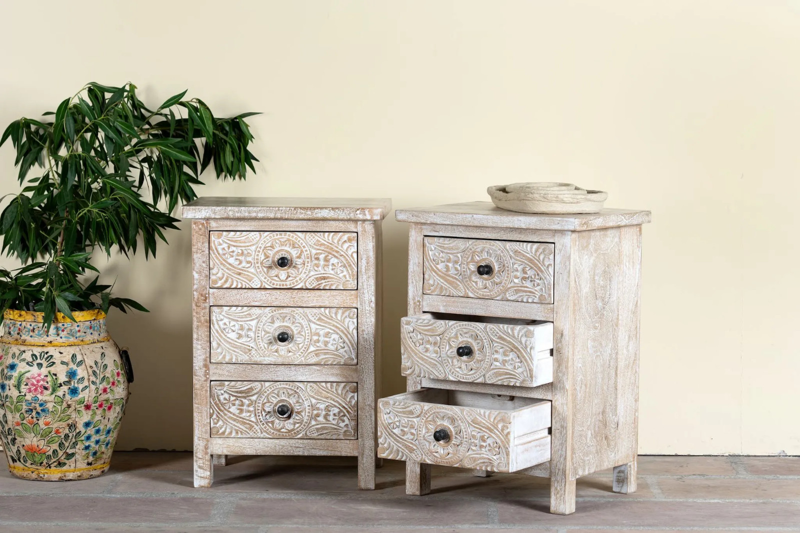 Artisan Handmade Bedside Table Solid Wood Hand Carved 18.1 × 14.2 × 25.6 inches