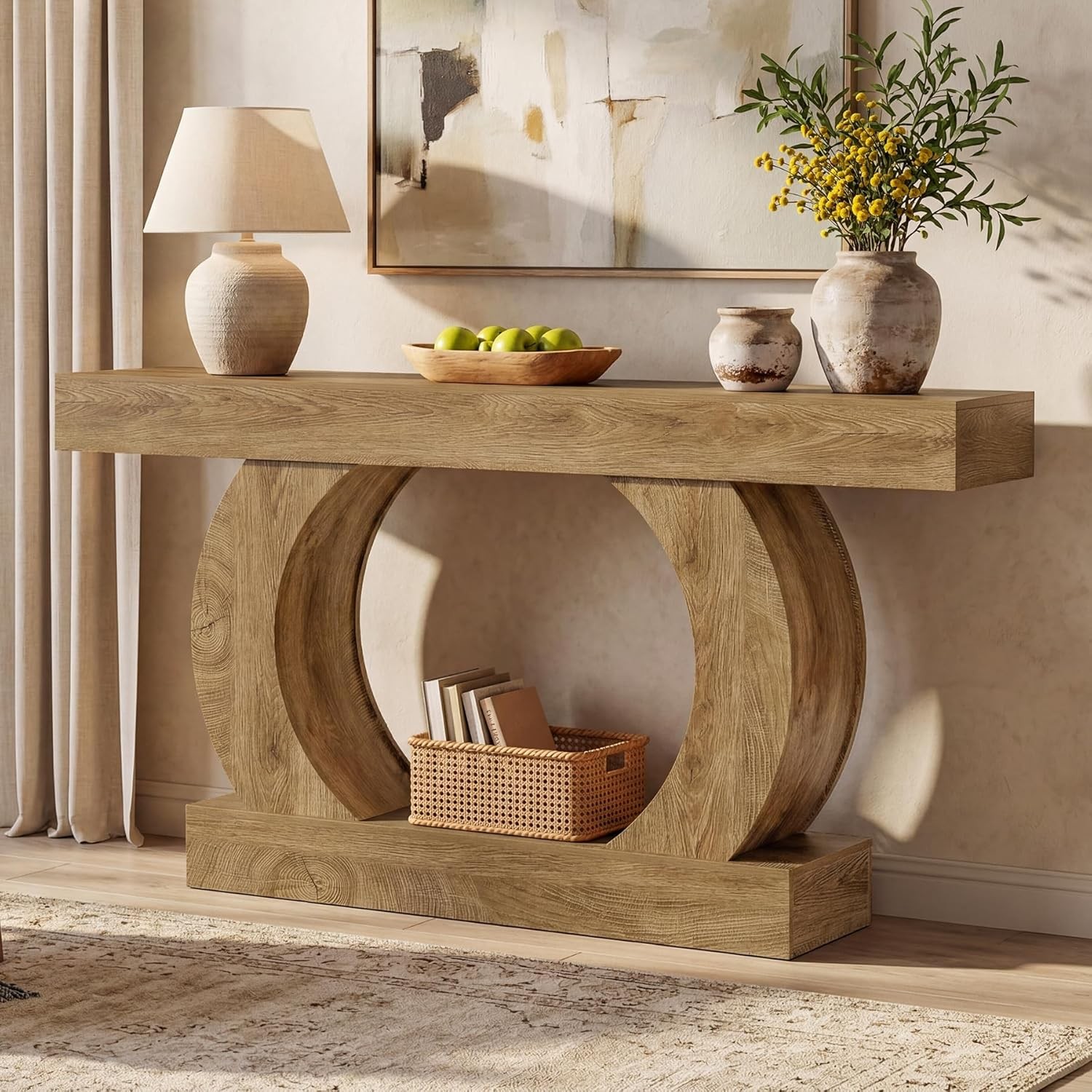 59-Inch Farmhouse Console Table, 2-Tier Wooded Curved Entryway Table for Hallway