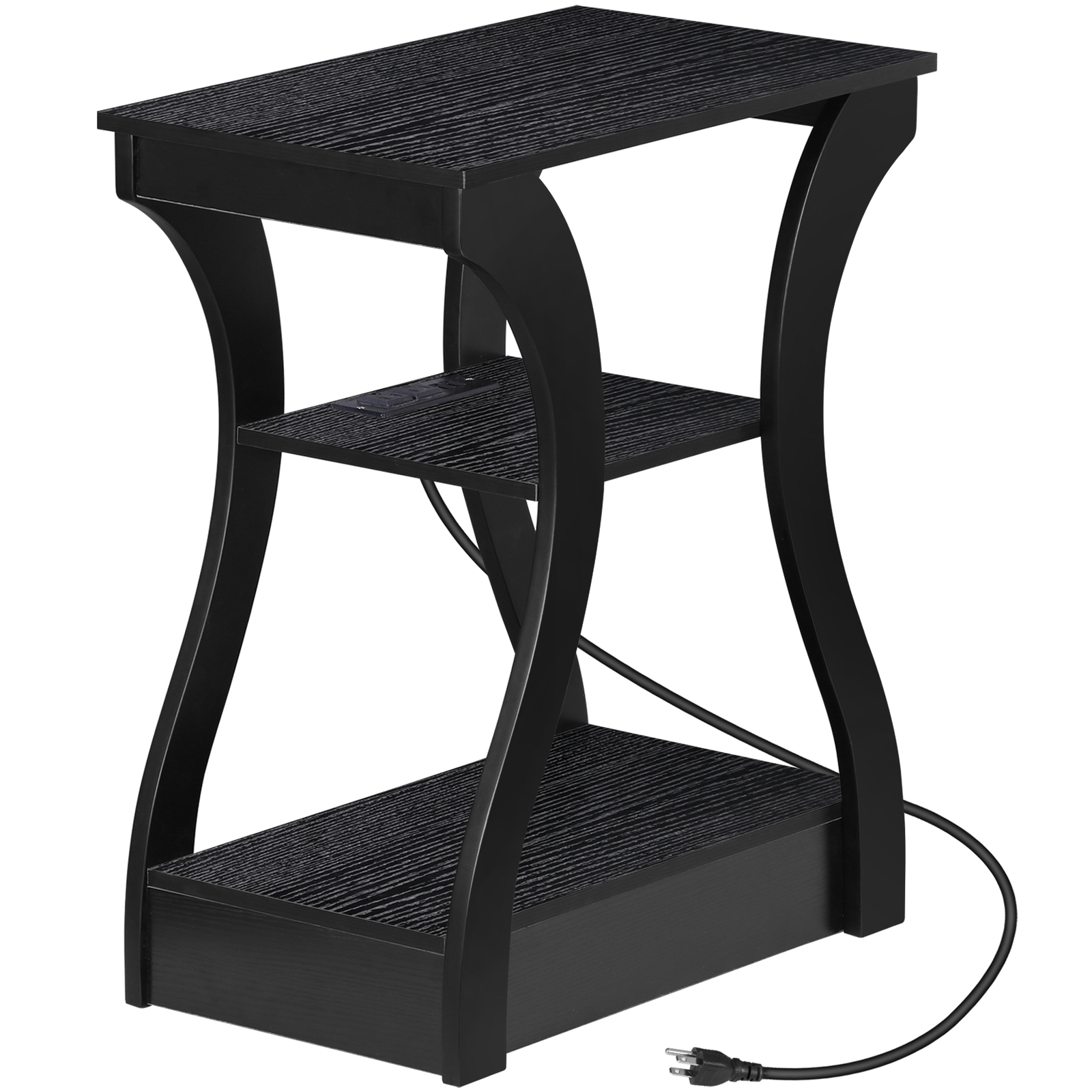 End Table 3 Tier Accent Sofa Table w/Curved Legs Shelf & Charging Station Black