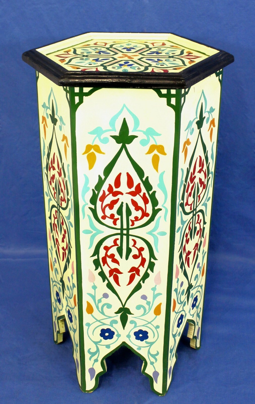 Moroccan Pedestal Table Tall Painted Cream Color Solid Wood Authentic Home Decor