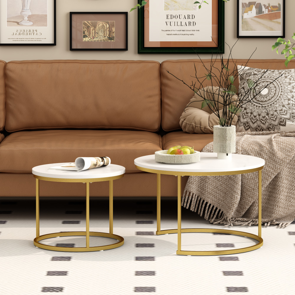 Nesting Coffee Table Set of 2, Round Marble Top with Metal Frame, White