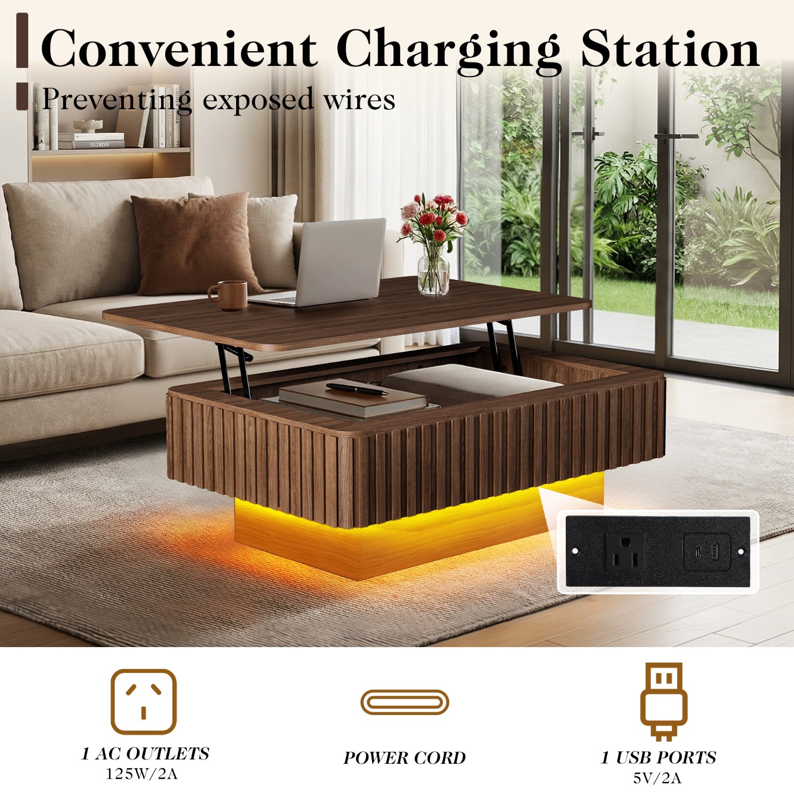 Fluted Lift Top Coffee Table with Charging Station & Storage Modern Coffee Table