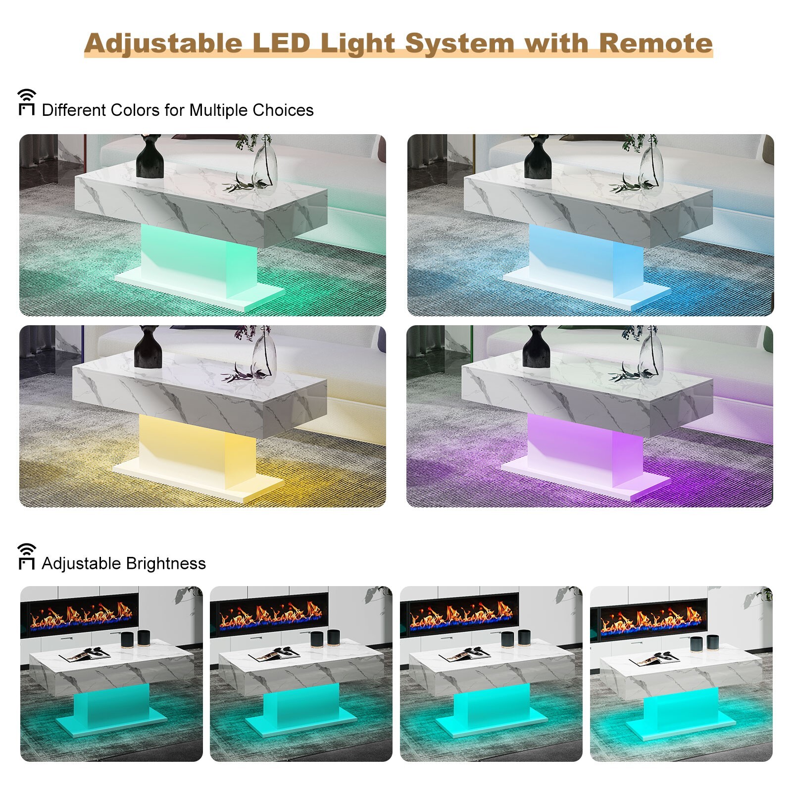 Marble White Modern High Glossy LED Coffee Table 16Color LED Light Living Room