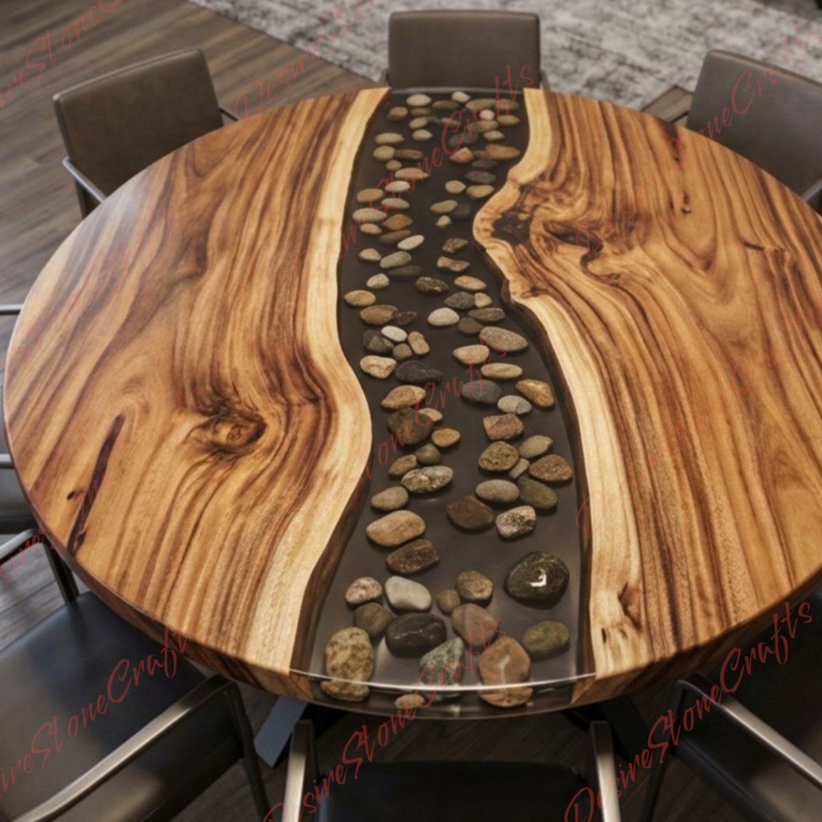 Luxury Black Resin River Stone Round Dining Table Live Edge Wood Epoxy Table