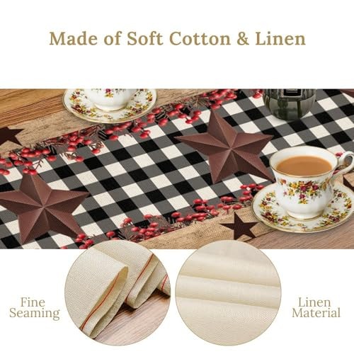 Farmhouse Table Runner,Rustic Western Star Black White W13″x L36″ Cowboy-2