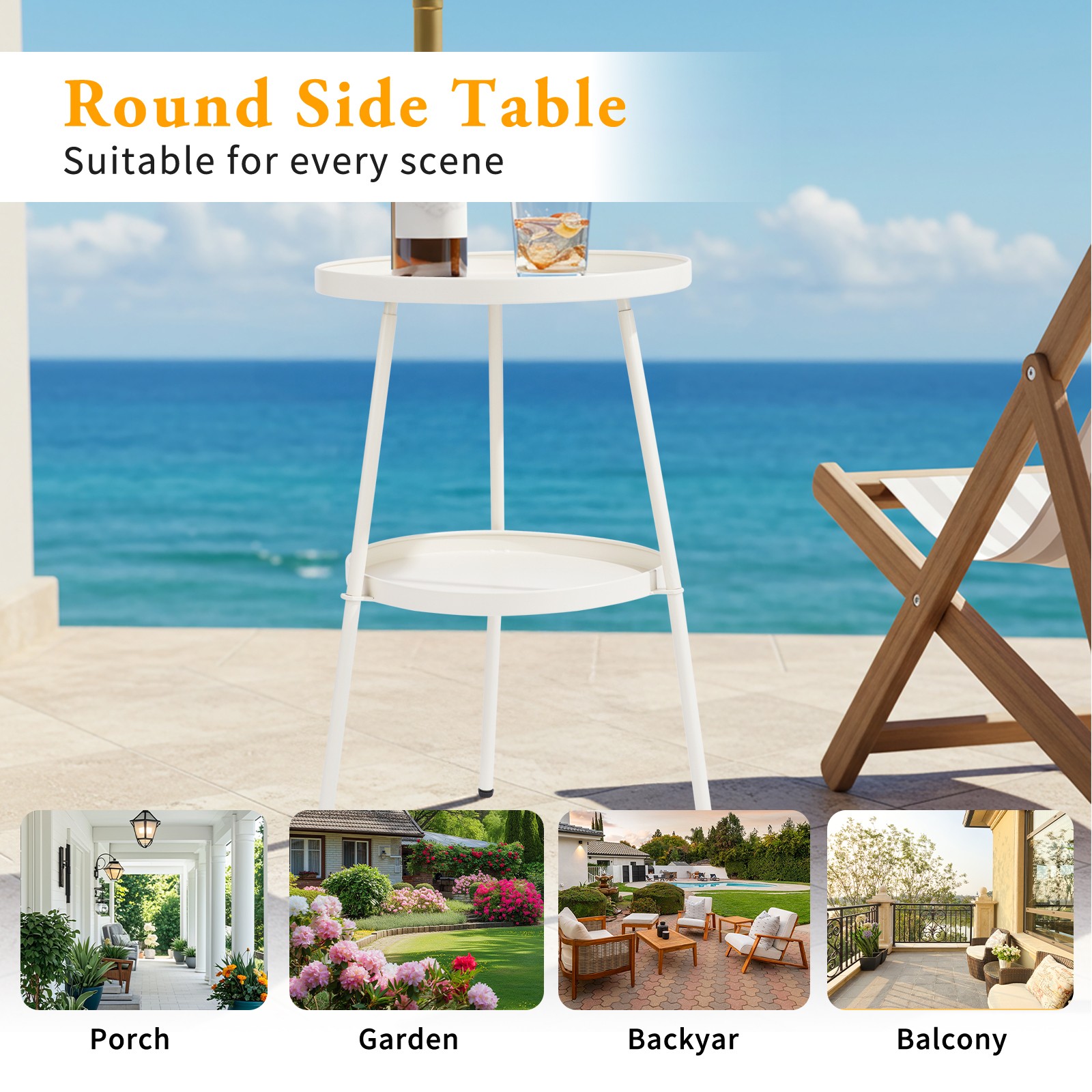 13″ Round Small Side Table, In/Outdoor Metal Coffee Table for Garden Patio