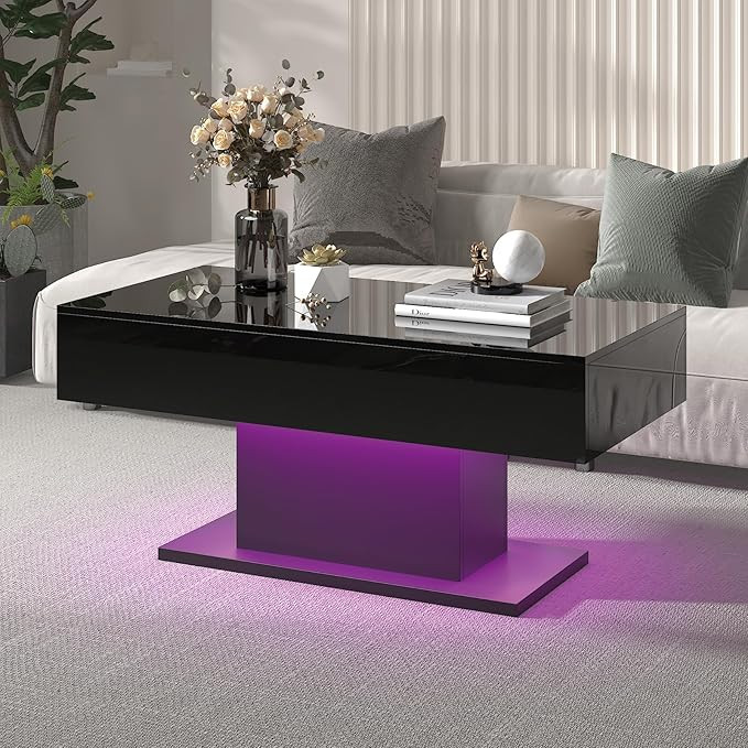 High Glossy Led Coffee Table Living Room Table Rectangular Center Table Black