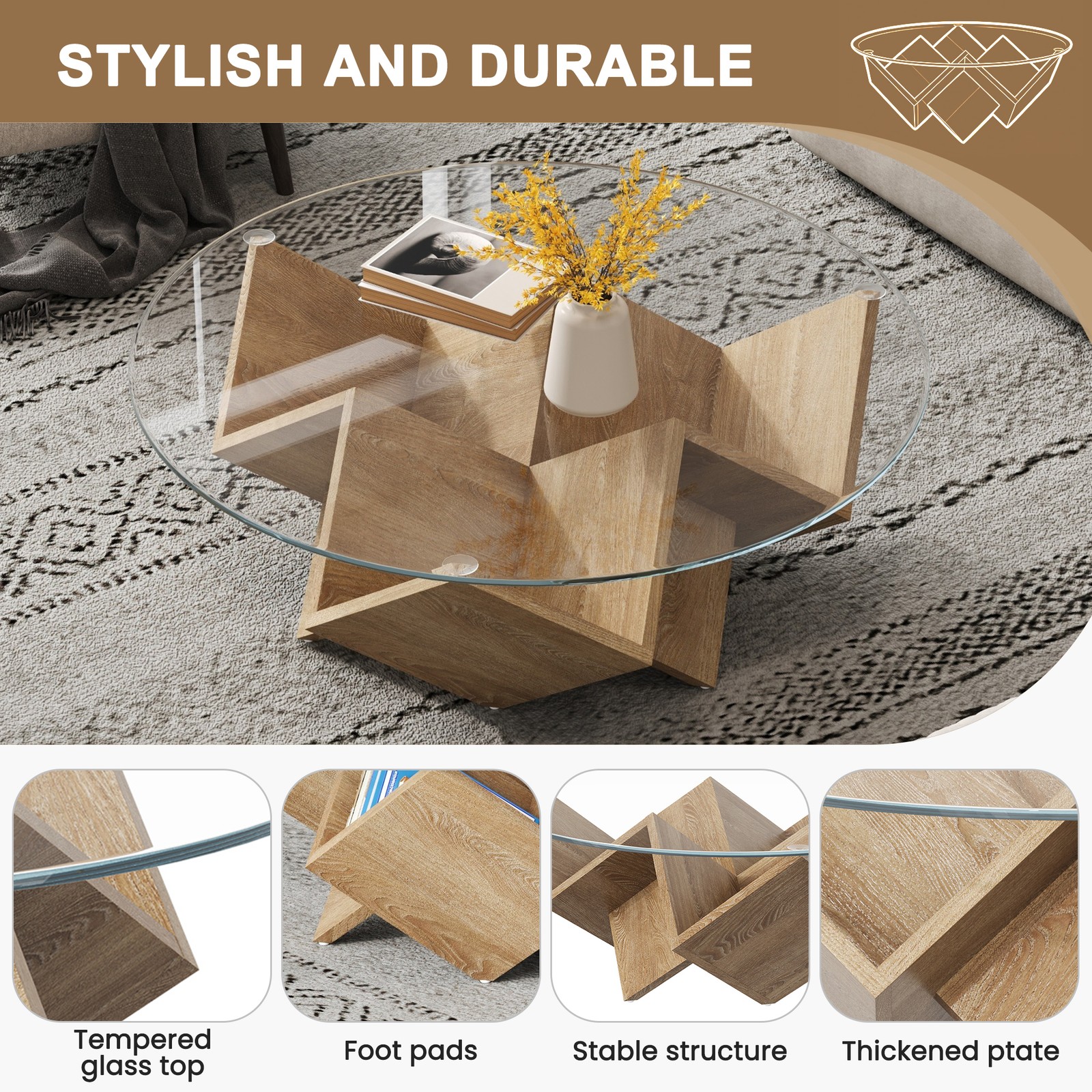 Modern Round Coffee Table with Tempered Glass Top and Geometric Art Deco Storage