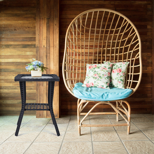 Glass Top Wicker Patio End Table 2-Tier Storage Side Table Indoor Outdoor Use