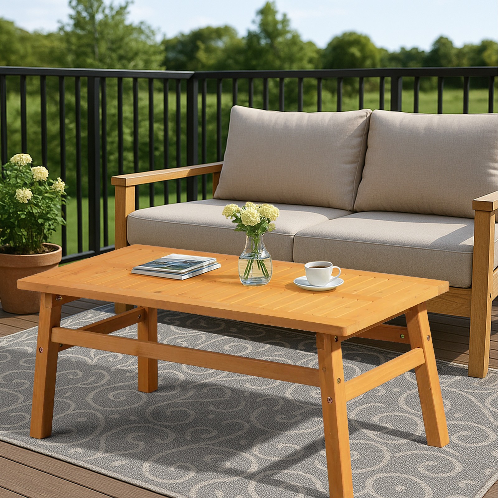 Outdoor Wood Coffee Table, 42″ Farmhouse Side Table For Patio, Solid Cedar Wood