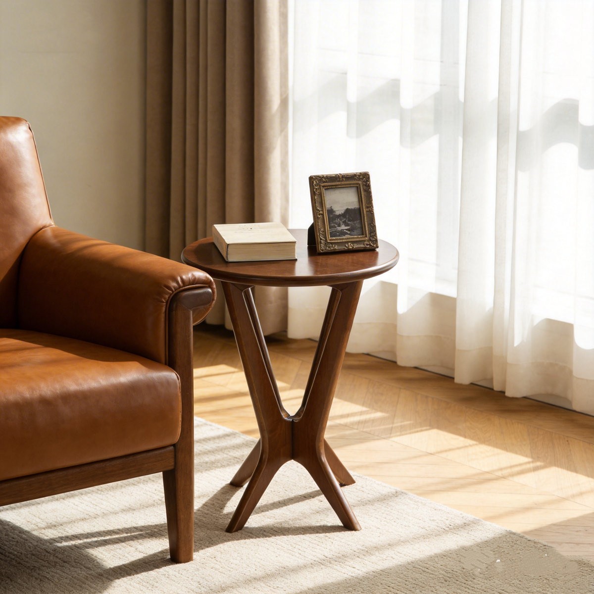 Solid Wood Round End Table 19.69” Mid-Century Modern Side Table for Living Room