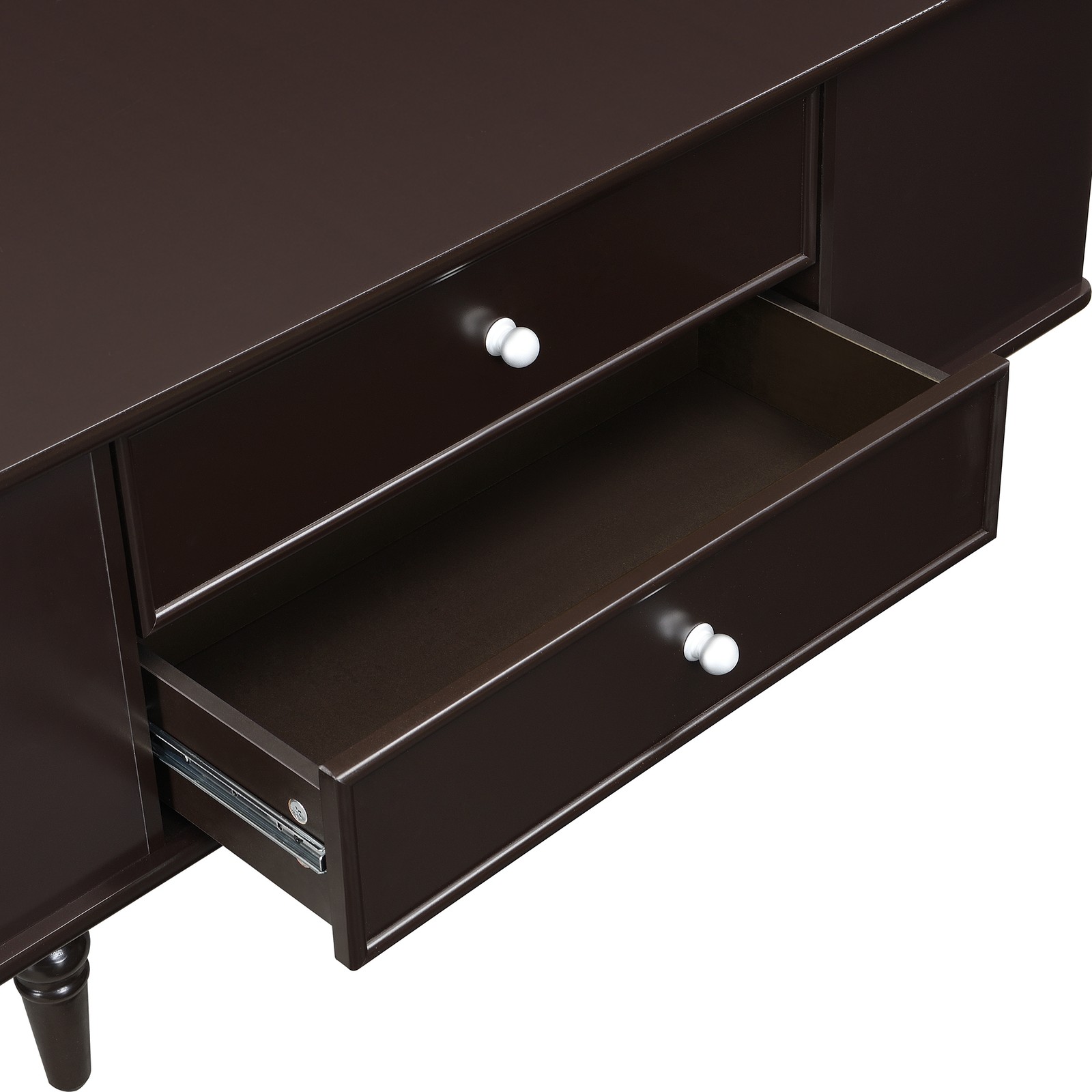 A rectangular coffee table with four drawers and two hidden storage compartments